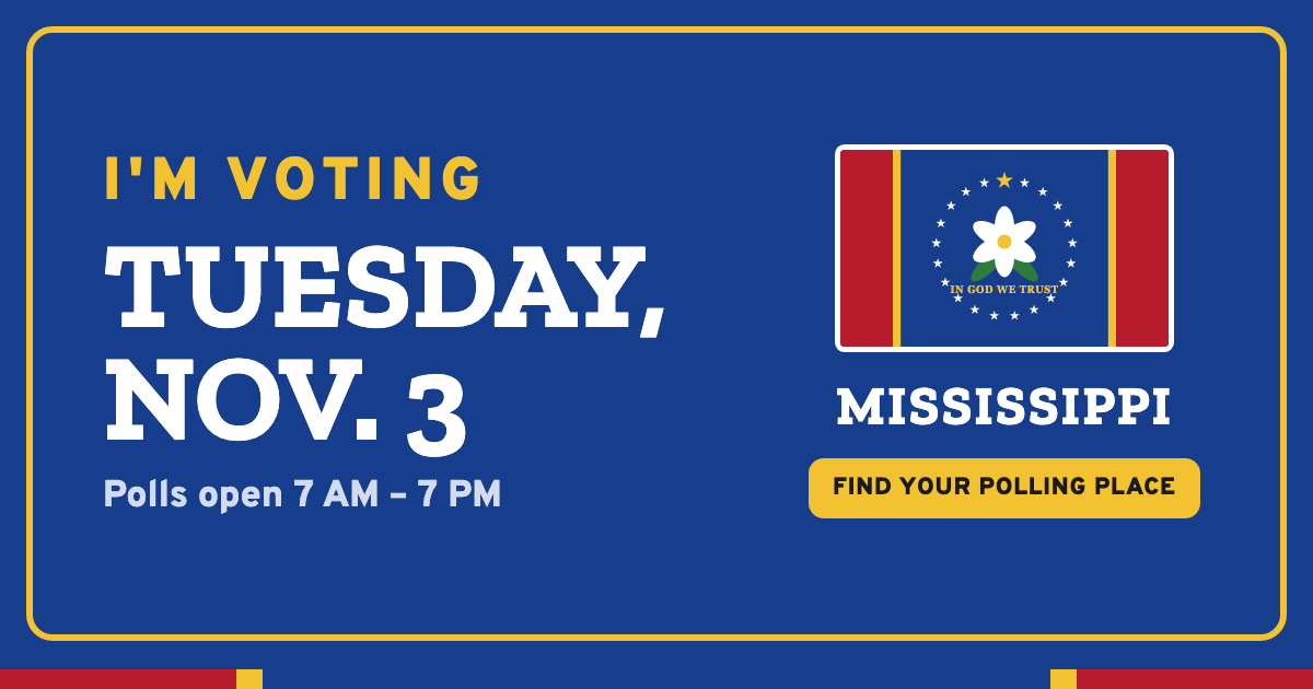 Share image: I'm voting Tuesday, Nov. 3, with the Mississippi flag and the words Find your polling place